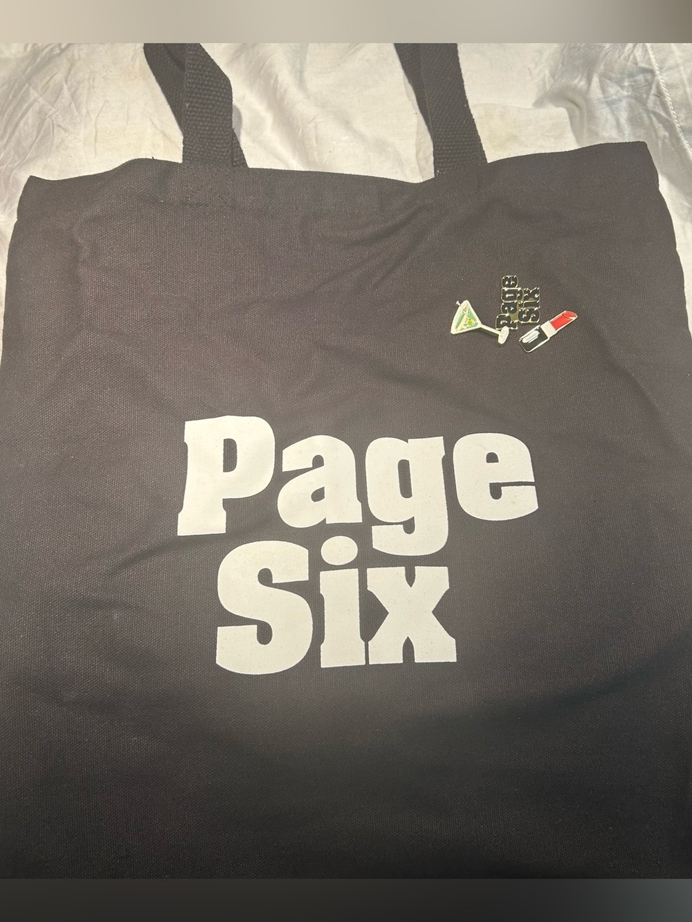 “Page Six” Black Tote Bag with 3 pins